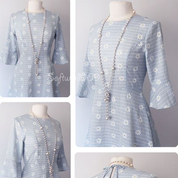 Light Blue Daisy Floral Bow Back 100% Cotton Dress - Picture 3 of 8